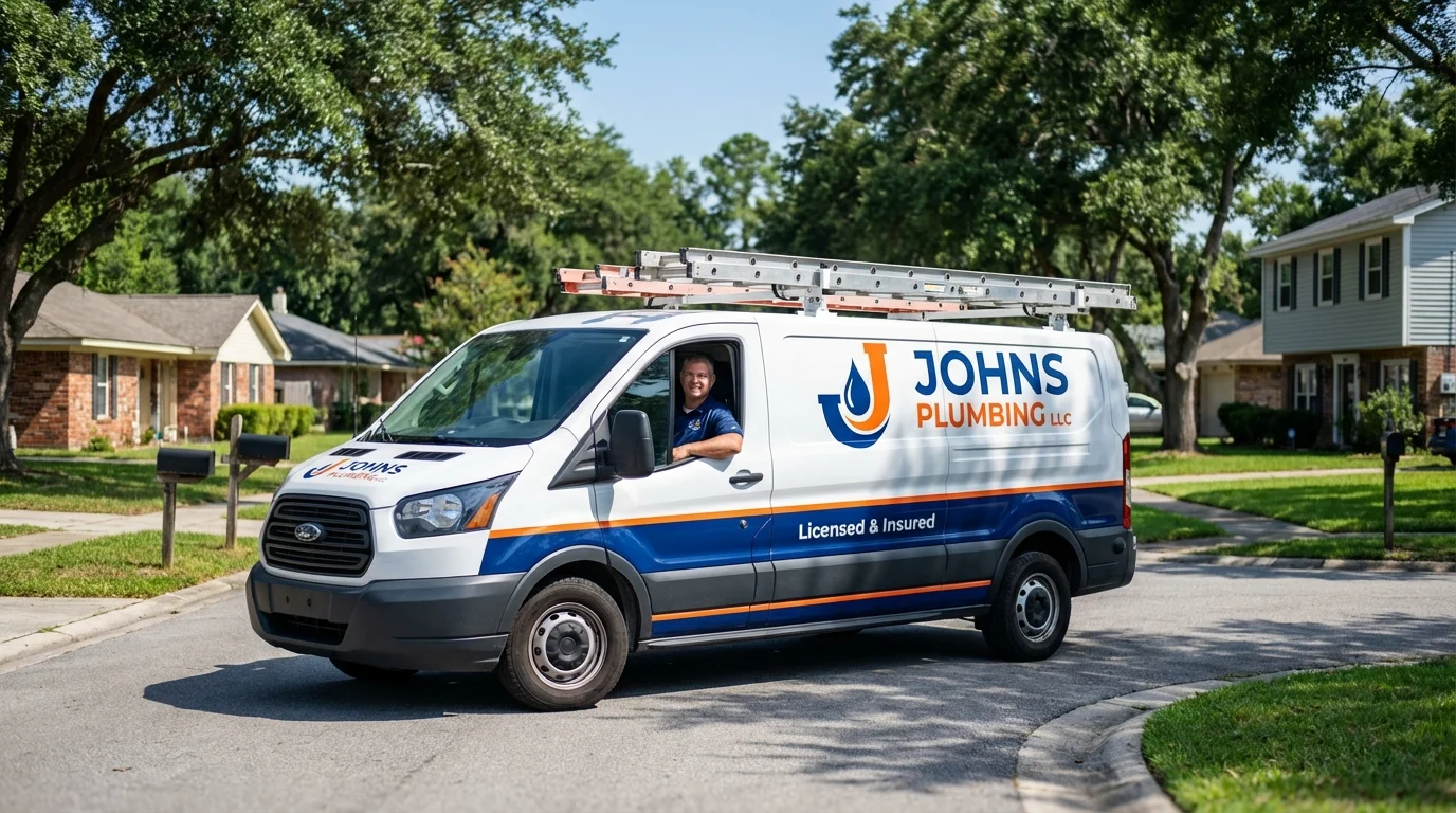Johns Plumbing LLC service van in Forest City, IA