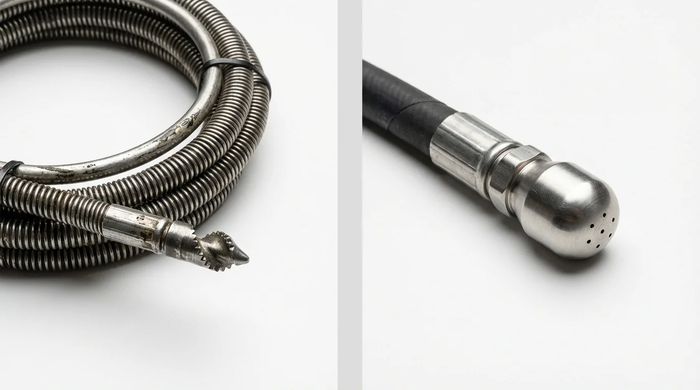 Drain snake cable and hydro jetting nozzle used for drain cleaning in Forest City, IA
