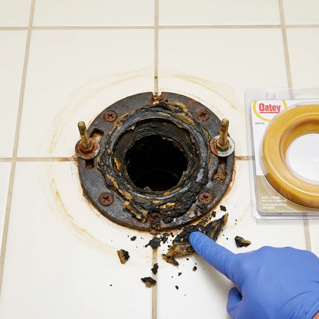 Failed wax ring showing water seepage at the base of a toilet in a Forest City, IA home