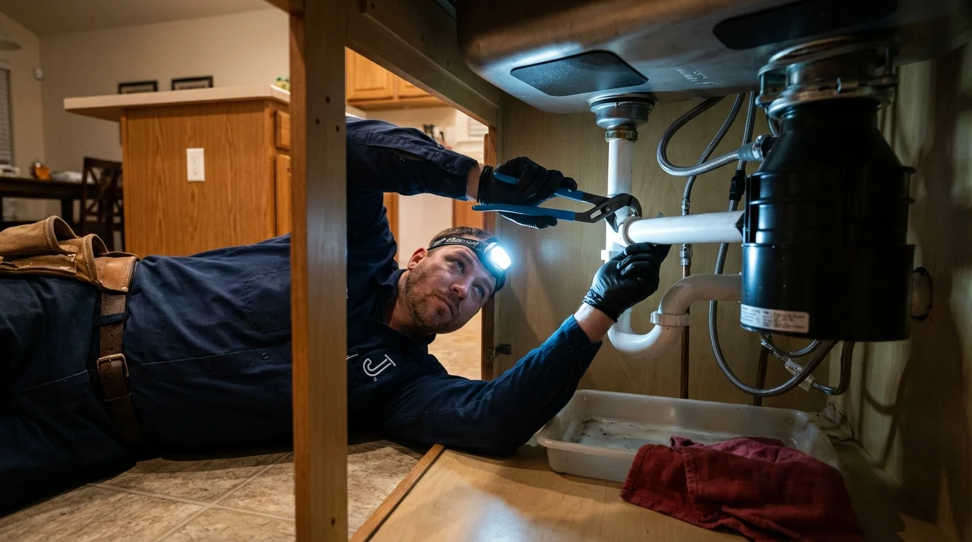 P-trap and supply line connections under a kitchen sink showing a common leak point in Forest City, IA